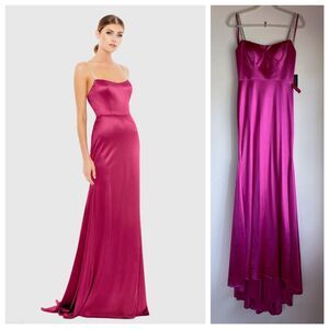 NWT Ieena for Mac Duggal Hot Pink Charmeuse Rhinestone Strap Trumpet Gown Size 2